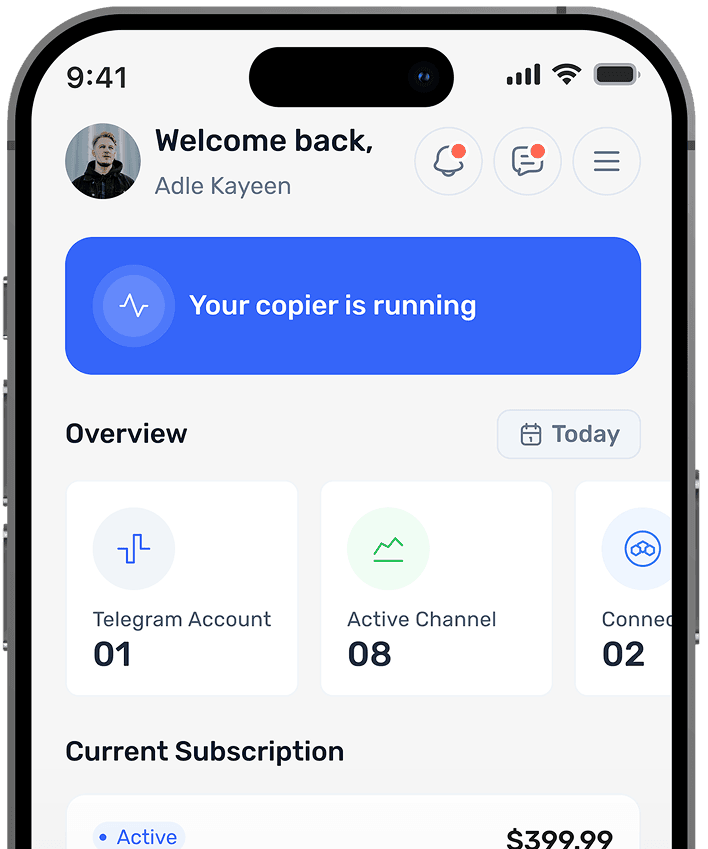 trade2sync mobile app showing a running copier and live subscription